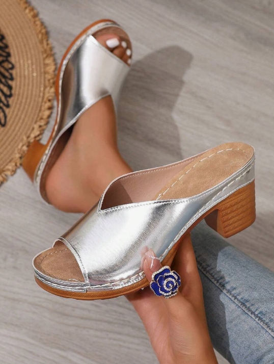 Women's Chunky Heel Slide Sandals, Black Open Toe Summer New Fashion Outdoor Wear Slippers, Gold Ladies Platform Wedge Strap Casual Mules