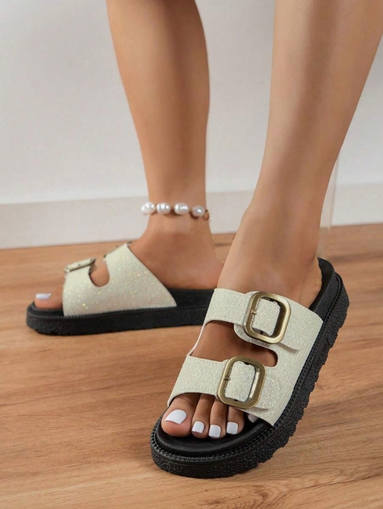 Leopard Print Thick Bottom Soft Bottom Buckle Decorated Open Toe Flat Sandals