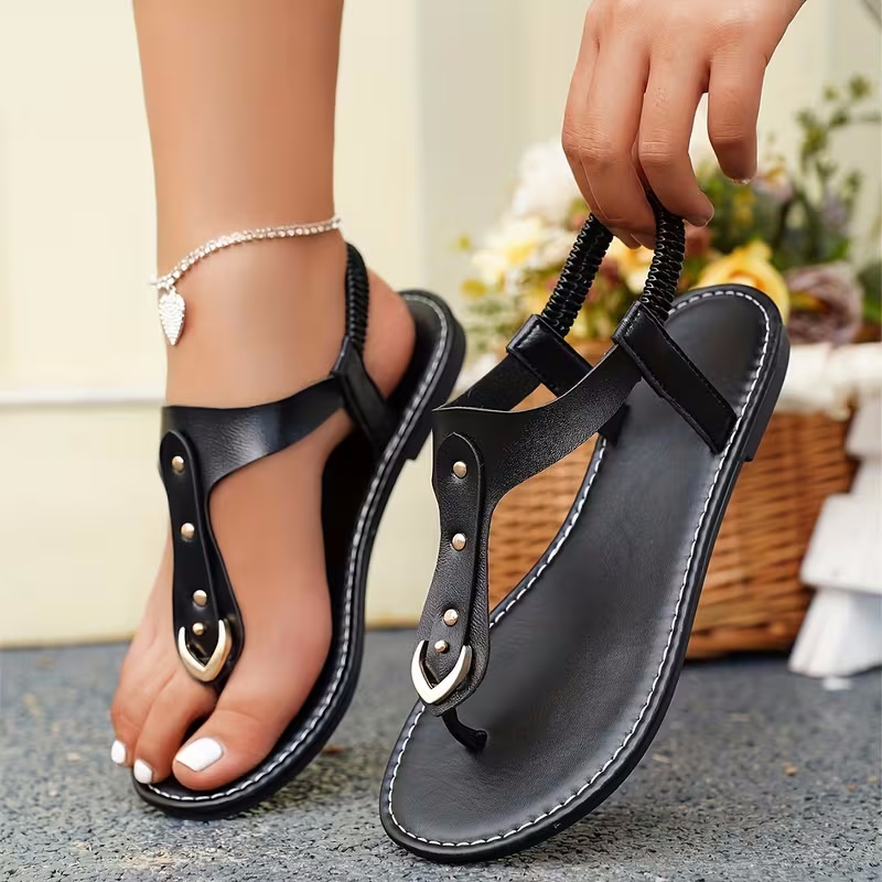 Women's Summer Plain Pu Leather Rivet Design Toe Thong Sandals, Casual Flat Sandals
