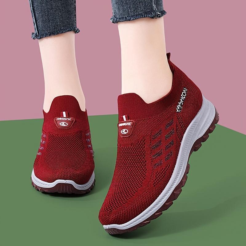 Women's Light Gray & Purple Knit Slip-On Walking  Breathable Mesh Cutout Comfort Shoes Sneakers 