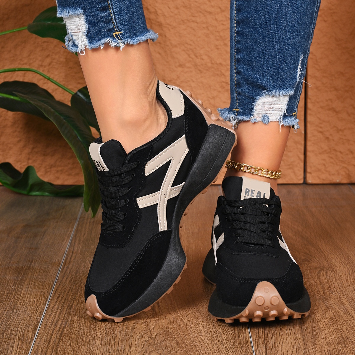 Women's Sporty Thick Sole Low-Top Shoes, Fashion Casual Breathable Round Toe Lace-Up Shoes