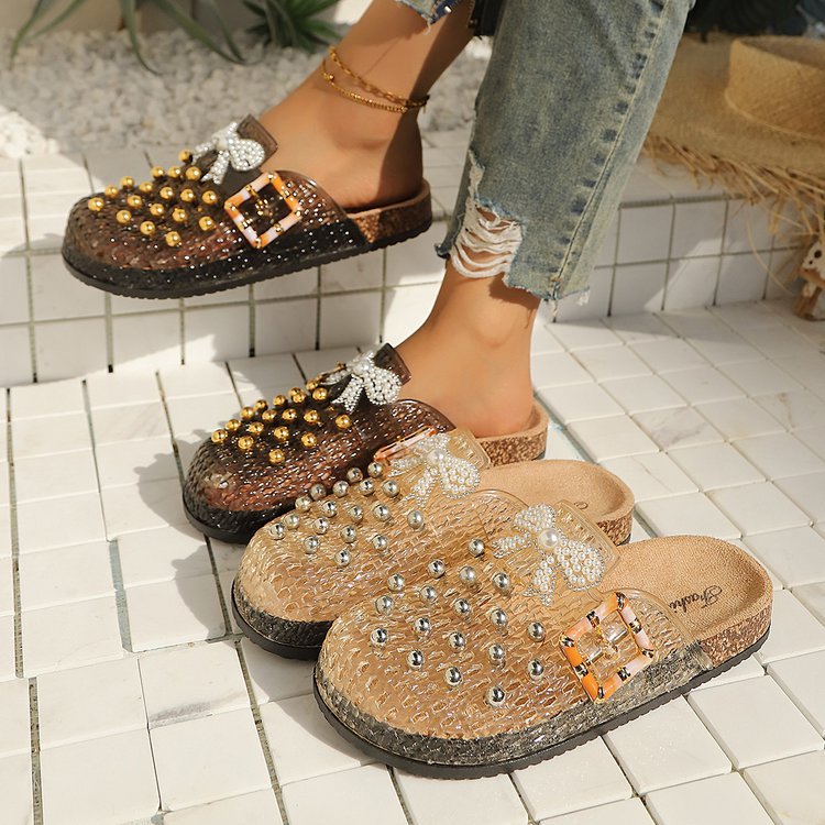Women's Pearl Sequin Hollow Out Woven Mule Sandals, Casual Breathable Design Slip On Mules, Shoes Mules