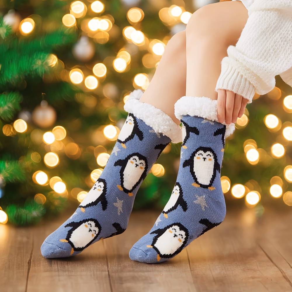 1 Pair of Christmas Plush-lined Thermal Socks, Soft and Comfortable Mid-calf Socks, Women's House Slippers and Socks