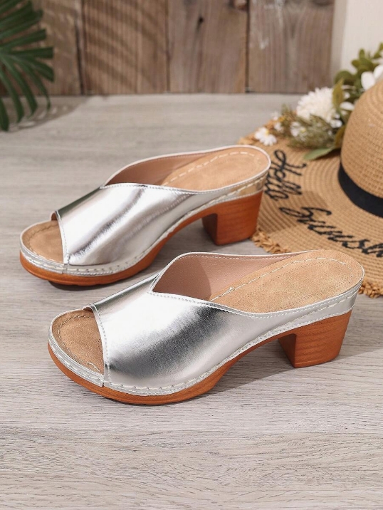 Women's Chunky Heel Slide Sandals, Black Open Toe Summer New Fashion Outdoor Wear Slippers, Gold Ladies Platform Wedge Strap Casual Mules
