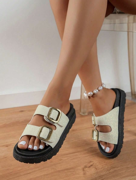Leopard Print Thick Bottom Soft Bottom Buckle Decorated Open Toe Flat Sandals