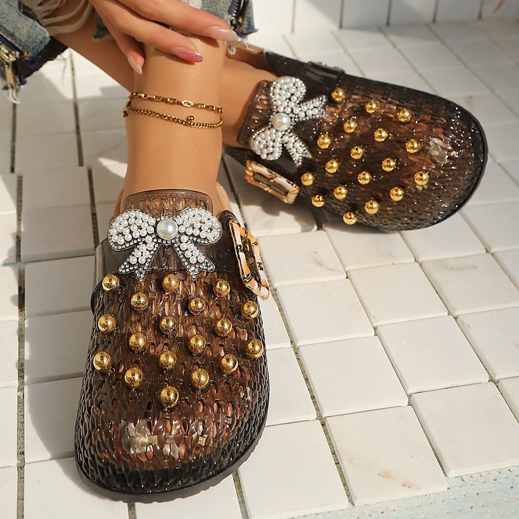 Women's Pearl Sequin Hollow Out Woven Mule Sandals, Casual Breathable Design Slip On Mules, Shoes Mules