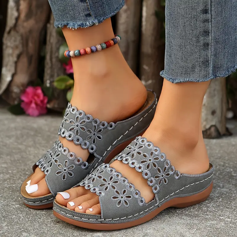 Women's Floral Cut-Out Slide Sandals - Slip-On Mid-Heel Casual Shoes