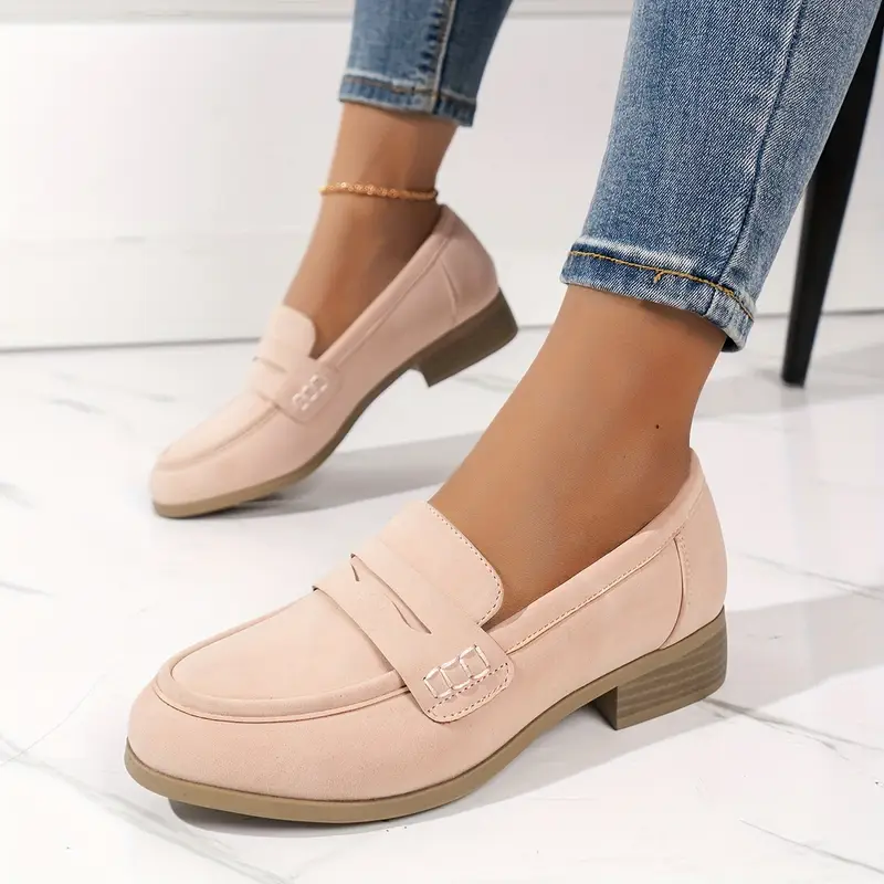Women's Chunky Low Heel Slip-On Loafers - Casual Faux Cover Penny Loafers with TPR Sole, All-Season Comfortable Shoes for Casual Attire & Semi-Formal Occasions