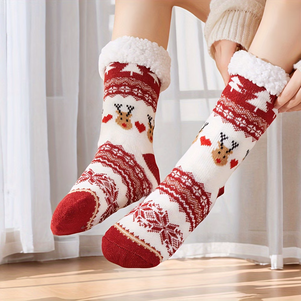 1 Pair of Christmas Plush-lined Thermal Socks, Soft and Comfortable Mid-calf Socks, Women's House Slippers and Socks
