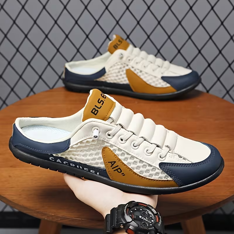 Men's Stylish Slip-On Sneakers - Breathable Fabric, Comfortable PVC Sole, Casual & Sporty Design with Blue & Beige Accents for Outdoor, Daily Wear & Vacation