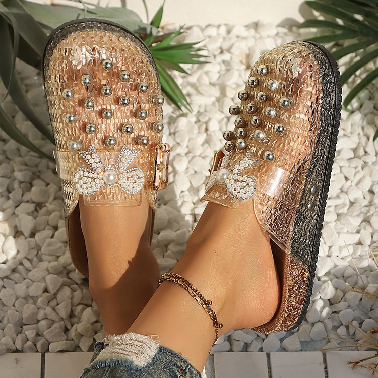 Women's Pearl Sequin Hollow Out Woven Mule Sandals, Casual Breathable Design Slip On Mules, Shoes Mules