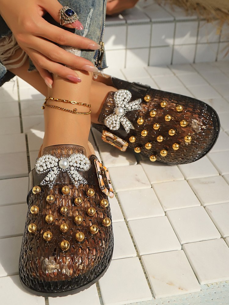 Women's Pearl Sequin Hollow Out Woven Mule Sandals, Casual Breathable Design Slip On Mules, Shoes Mules