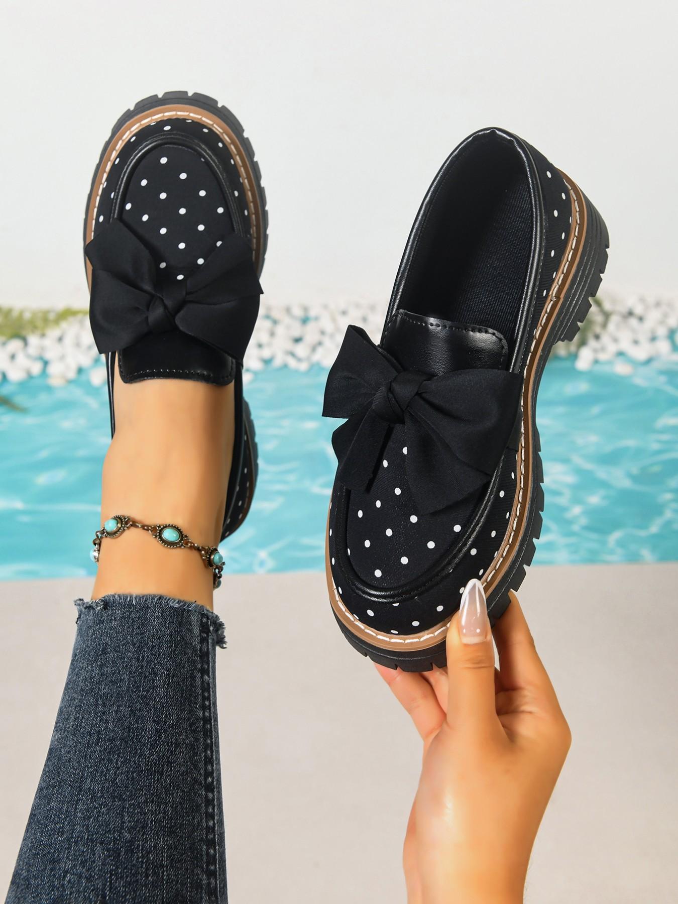 2026 Spring Summer Polka Dot Bow Tie British Style Classic Flatform Loafers Thick Sole Women's Leather Shoes