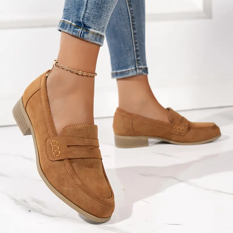 Women's Chunky Low Heel Slip-On Loafers - Casual Faux Cover Penny Loafers with TPR Sole, All-Season Comfortable Shoes for Casual Attire & Semi-Formal Occasions