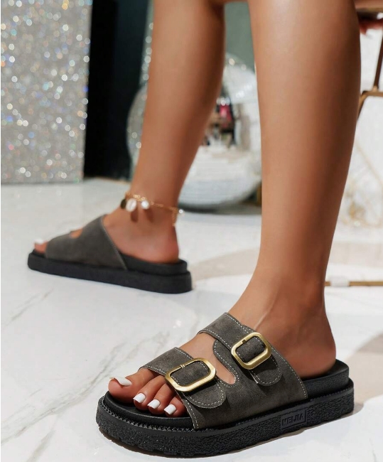 Leopard Print Thick Bottom Soft Bottom Buckle Decorated Open Toe Flat Sandals