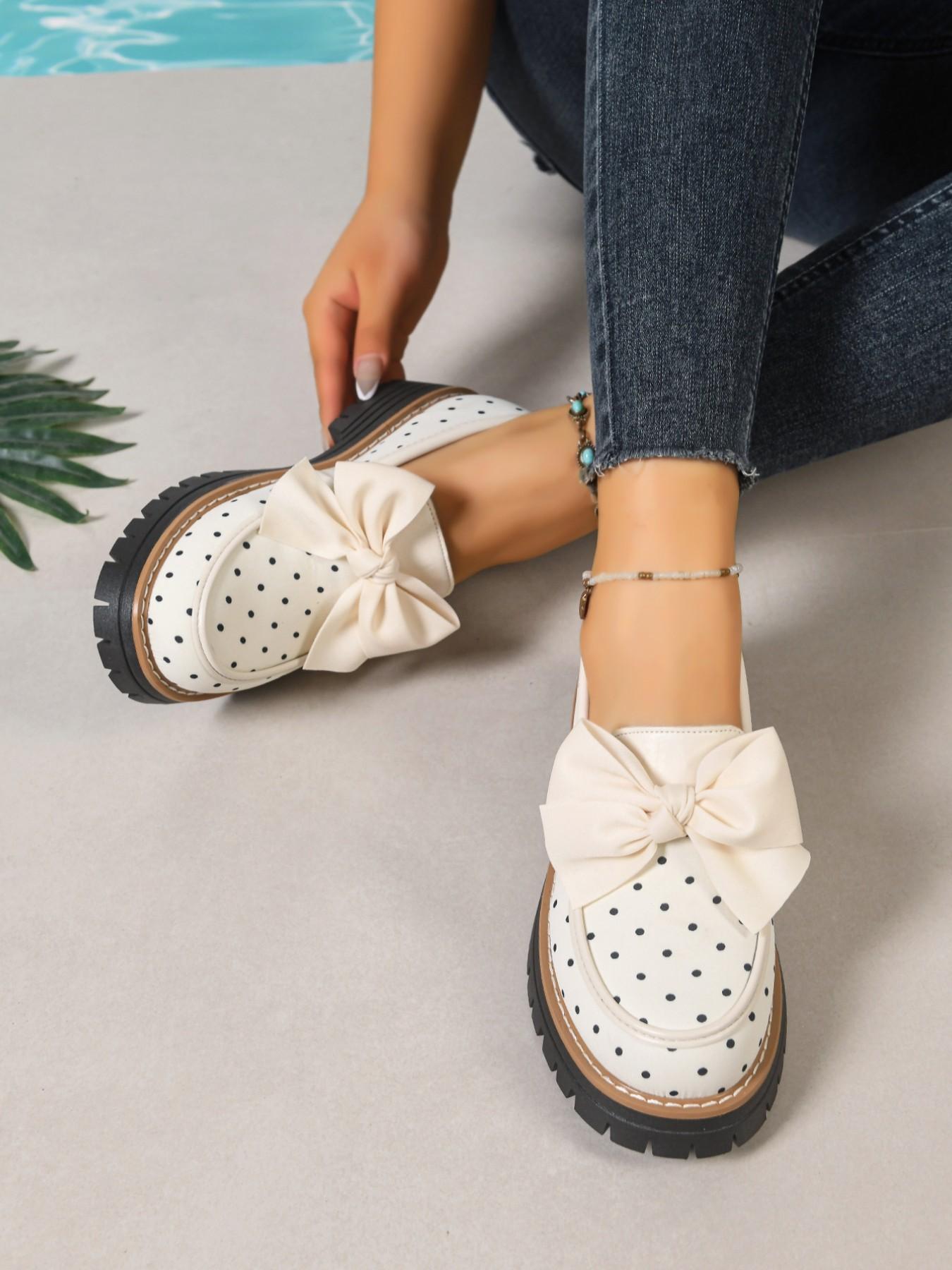 2026 Spring Summer Polka Dot Bow Tie British Style Classic Flatform Loafers Thick Sole Women's Leather Shoes