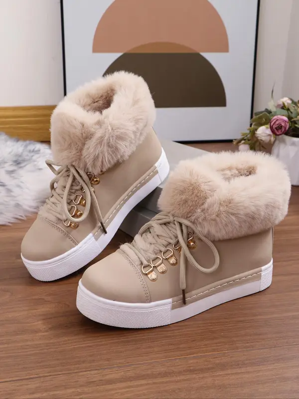 New Style Women's Solid Color Lace Up Ankle Boots Casual Warm Plush Design Boots for Fall & Winter