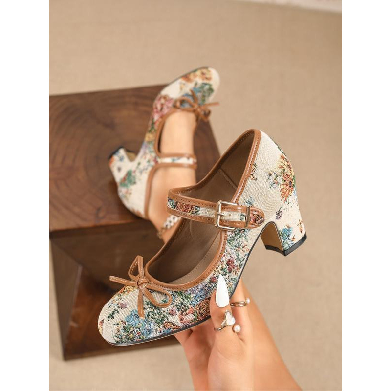 Elegant Women's Mary Jane High Heels, Unique Print Cute Bowknot, Fashion Round Toe Chunky Heel, Comfortable Dual Strap Design
