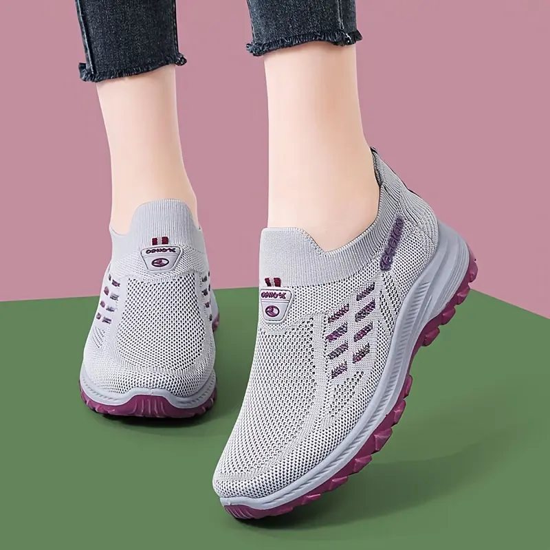 Women's Light Gray & Purple Knit Slip-On Walking  Breathable Mesh Cutout Comfort Shoes Sneakers 