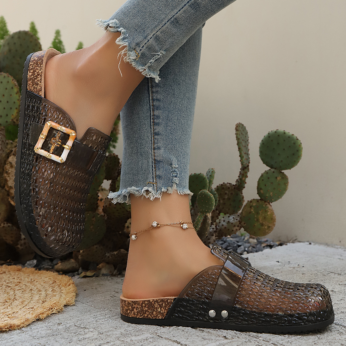 Women's Pearl Sequin Hollow Out Woven Mule Sandals, Casual Breathable Design Slip On Mules, Shoes Mules