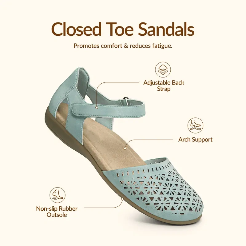 Women's Orthopedic Closed-Toe Flat Sandals - Elegant Classy Sandals with Breathable Hollow-Out Design, Comfy Arch Support, Adjustable Strap, Non-Slip Sole 