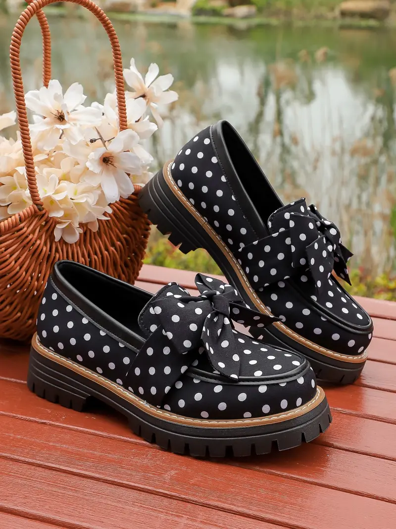 2026 Spring Summer Polka Dot Bow Tie British Style Classic Flatform Loafers Thick Sole Women's Leather Shoes