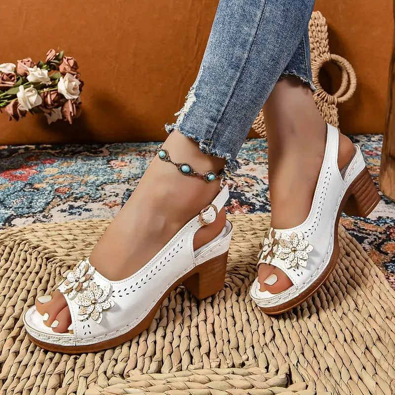 Ladies' thick-soled wedge heel sandals - PU fabric with open design and buckle closure, white casual business shoes