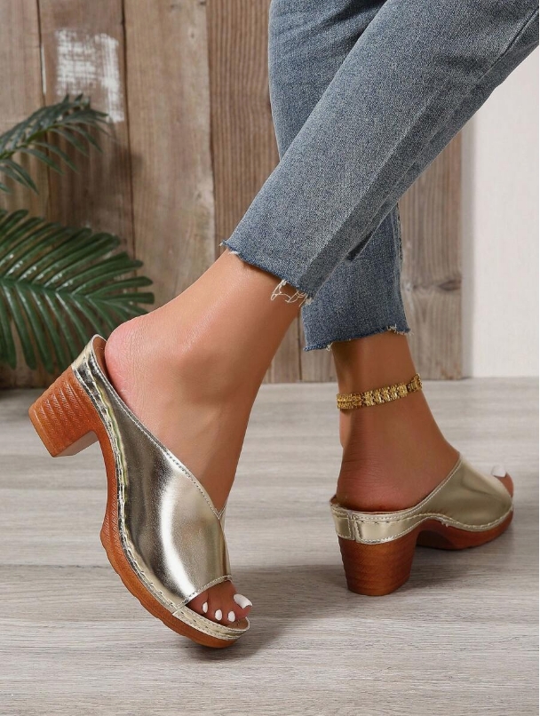 Women's Chunky Heel Slide Sandals, Black Open Toe Summer New Fashion Outdoor Wear Slippers, Gold Ladies Platform Wedge Strap Casual Mules