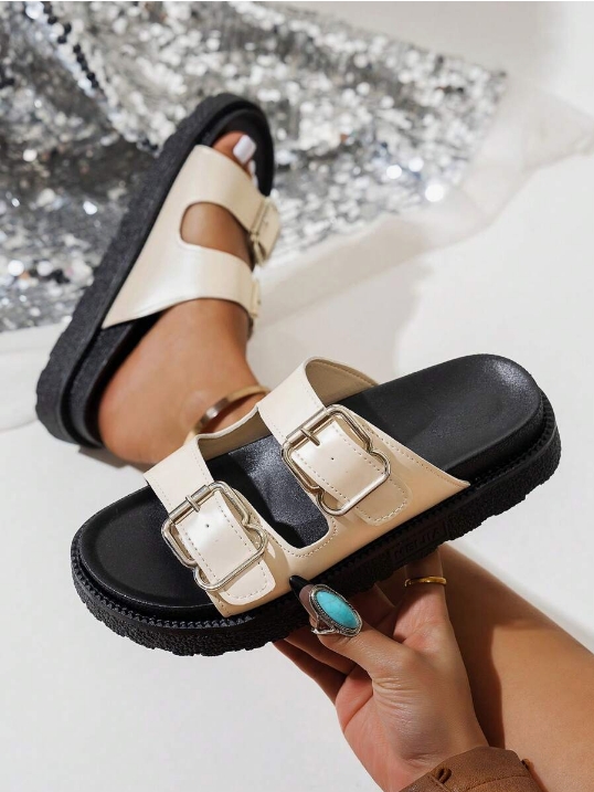 Leopard Print Thick Bottom Soft Bottom Buckle Decorated Open Toe Flat Sandals