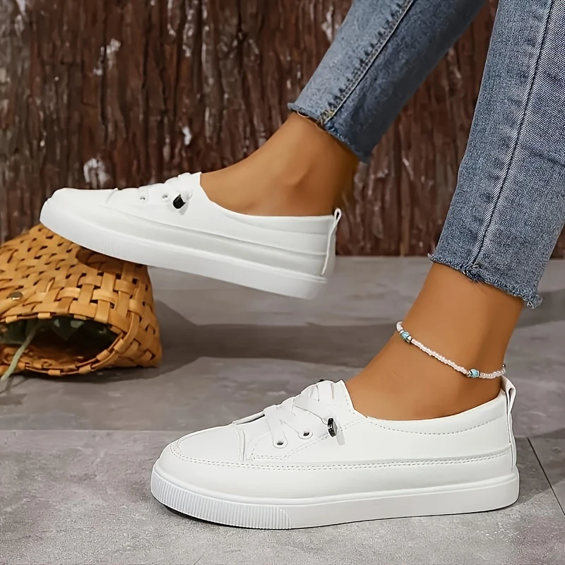 Comfortable White Low-Top Casual Sneakers - Versatile Slip-On Skate Shoes with Rubber Sole, Lace-Up Design & Round Toe for Casual Attire