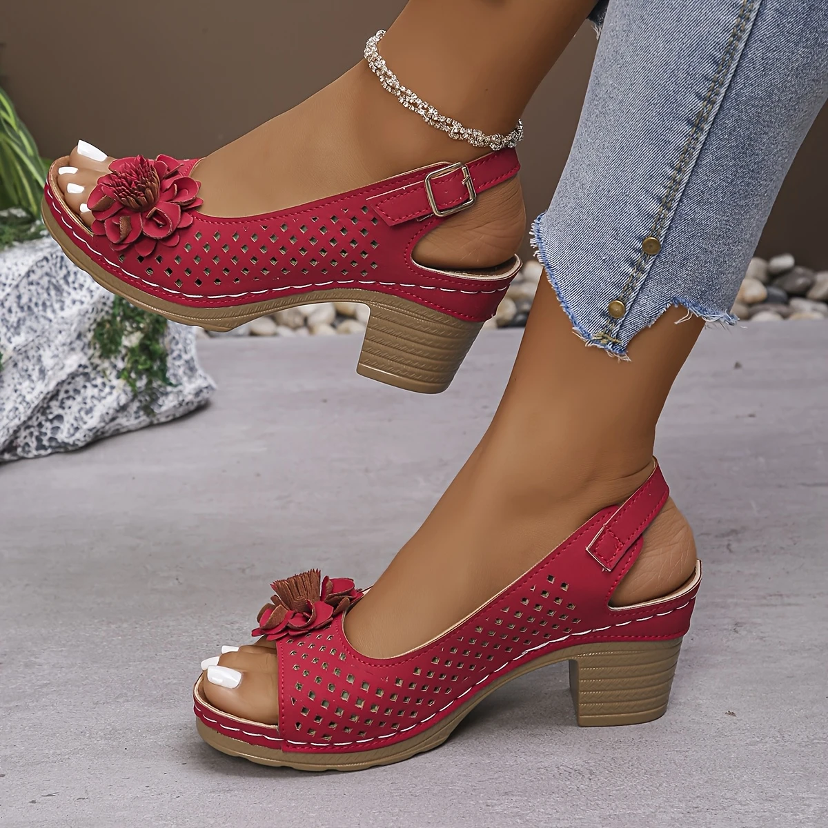 Women's Summer Casual Breathable Mid-Block Heel Sandals - Comfortable Round Toe Synthetic Cover Shoes with TPR Sole