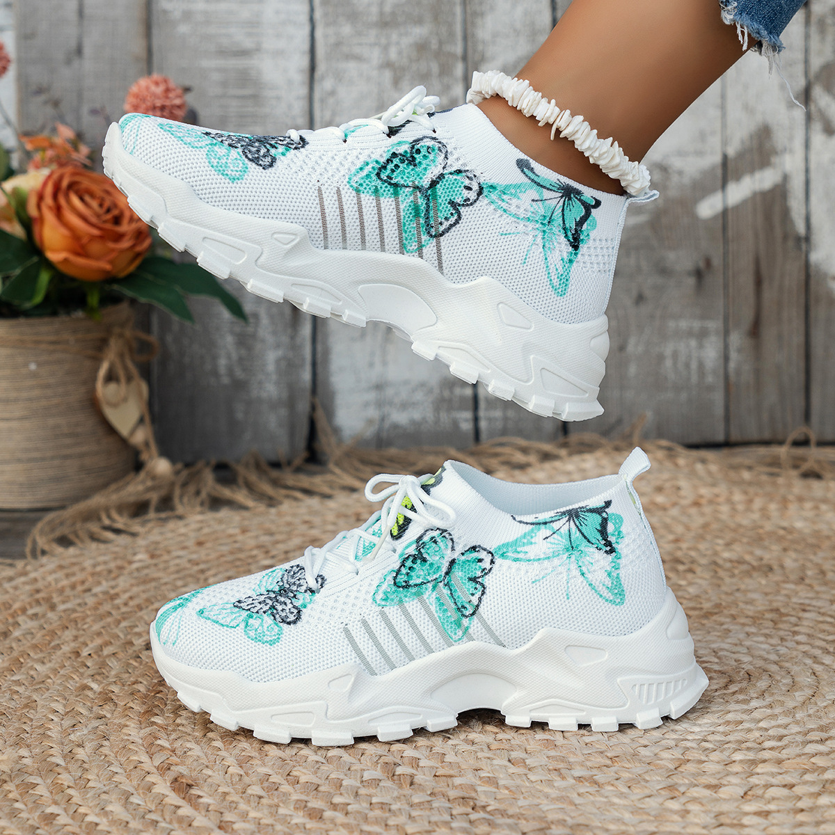 Women Knitted Comfortable Casual Road Shoes, Butterfly Thick Bottom Sports Shoes, Breathable Slip-Resistant All-Match Running Shoes