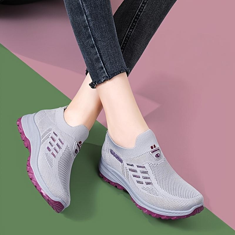 Women's Light Gray & Purple Knit Slip-On Walking  Breathable Mesh Cutout Comfort Shoes Sneakers 