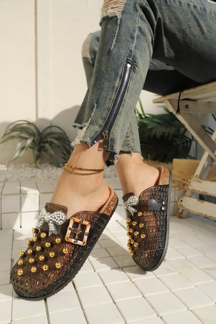 Women's Pearl Sequin Hollow Out Woven Mule Sandals, Casual Breathable Design Slip On Mules, Shoes Mules
