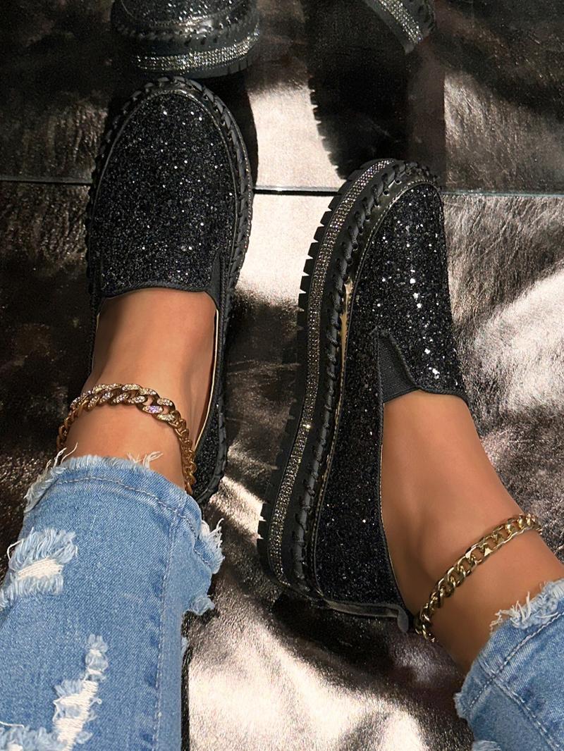 Women's Fashionable Glitter Rhinestone Decorated Slip on Loafers Casual Comfortable Low Top Shoes 