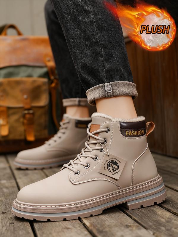 Men's Plain Color British Style Mid-Calf Boots, Fleece Lined Warm, Fashionable Outdoor & Daily Wear, Sporty PU Material, Fall&winter