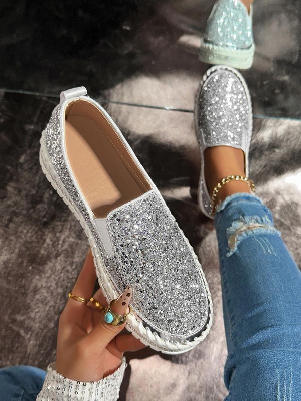 Women's Fashionable Glitter Rhinestone Decorated Slip on Loafers Casual Comfortable Low Top Shoes 