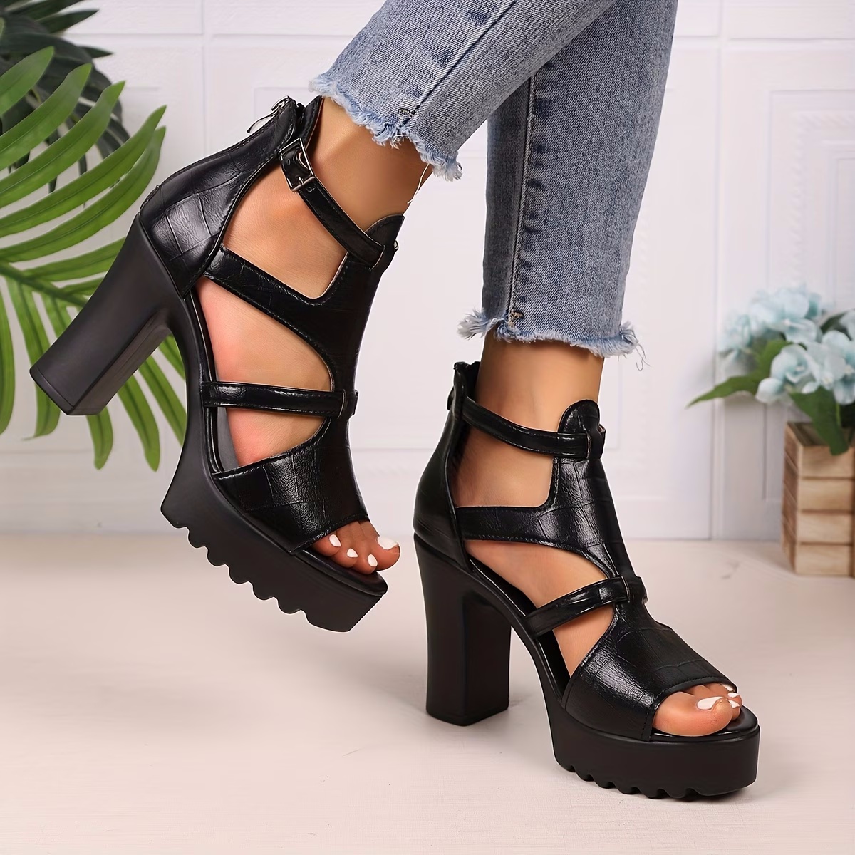 Women's Chunky Heel Open Toe Fashionable Higher Platform   Thick Sole Waterproof Platform Elevator Roman Style High Heels