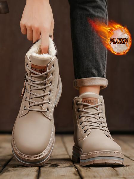 Men's Plain Color British Style Mid-Calf Boots, Fleece Lined Warm, Fashionable Outdoor & Daily Wear, Sporty PU Material, Fall&winter