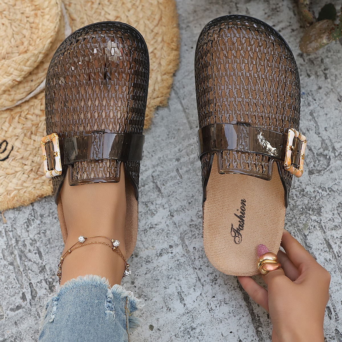 Women's Pearl Sequin Hollow Out Woven Mule Sandals, Casual Breathable Design Slip On Mules, Shoes Mules