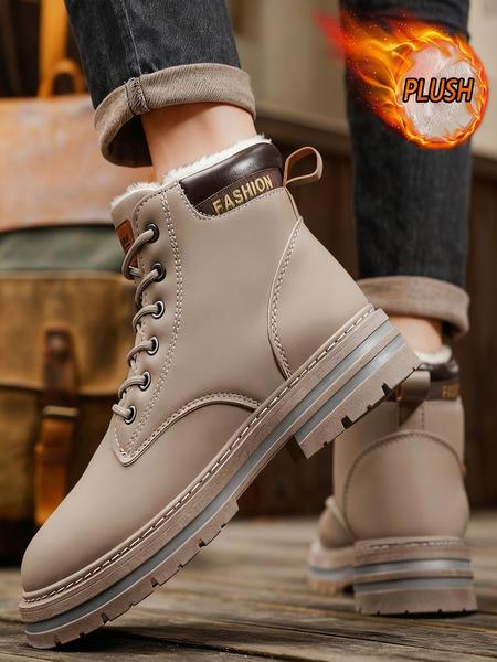 Men's Plain Color British Style Mid-Calf Boots, Fleece Lined Warm, Fashionable Outdoor & Daily Wear, Sporty PU Material, Fall&winter