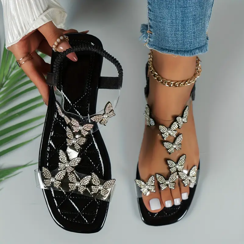 🔥Last Day 49% OFF - Womens Sparkling Rhinestone Butterfly Flat Sandals