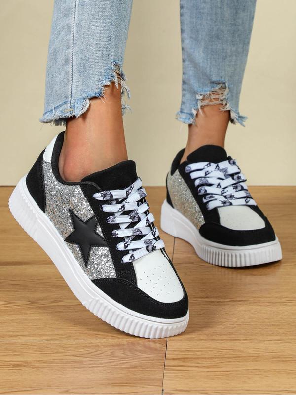 White and Black Star Pattern Lace Up Low Top Orthopedic Sneakers