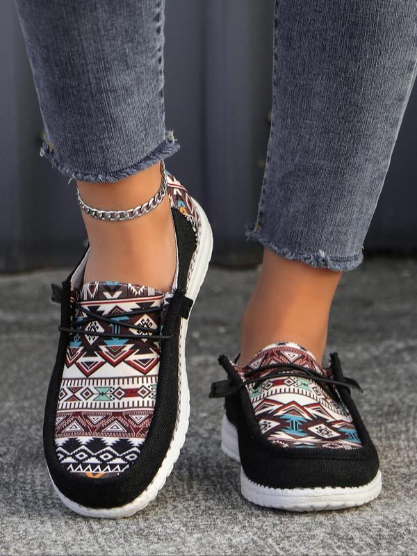 Women's Summer Fashionable Ethnic Pattern Lace Up Front Running Orthopedic Canvas Shoes