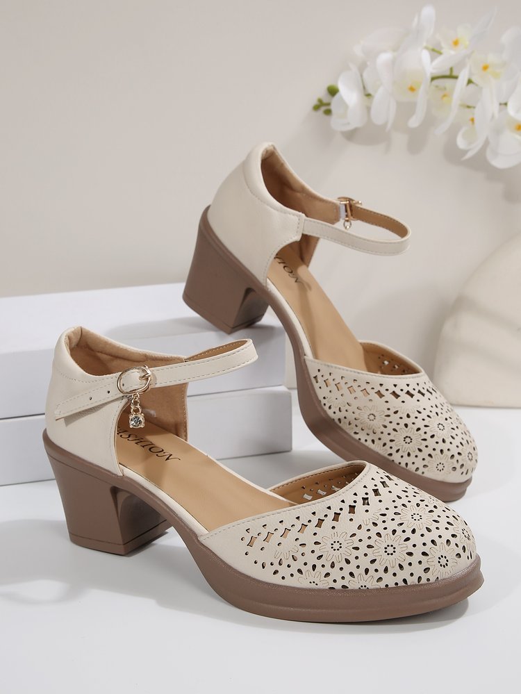 Women's Fashionable Solid Color Hollow Out Design Mary Janes Pumps Sandals