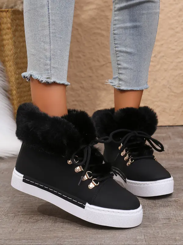 New Style Women's Solid Color Lace Up Ankle Boots Casual Warm Plush Design Boots for Fall & Winter