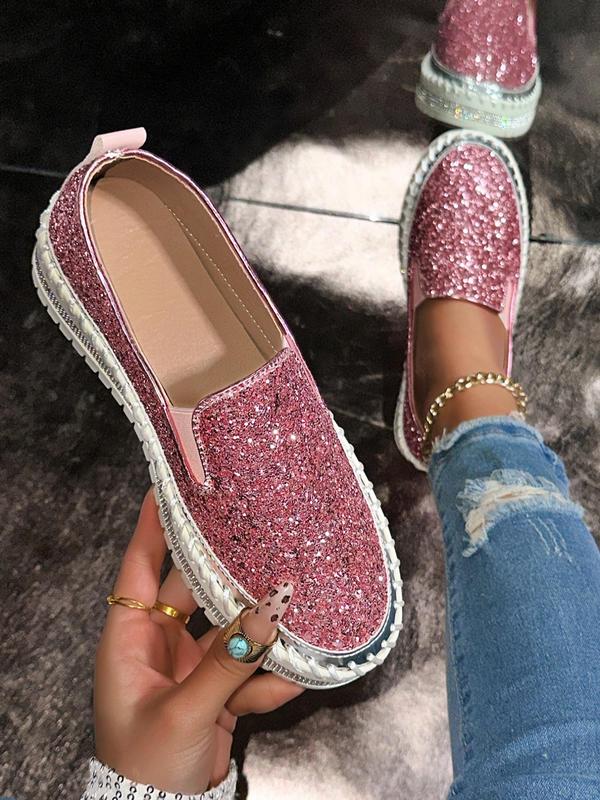 Women's Fashionable Glitter Rhinestone Decorated Slip on Loafers Casual Comfortable Low Top Shoes 