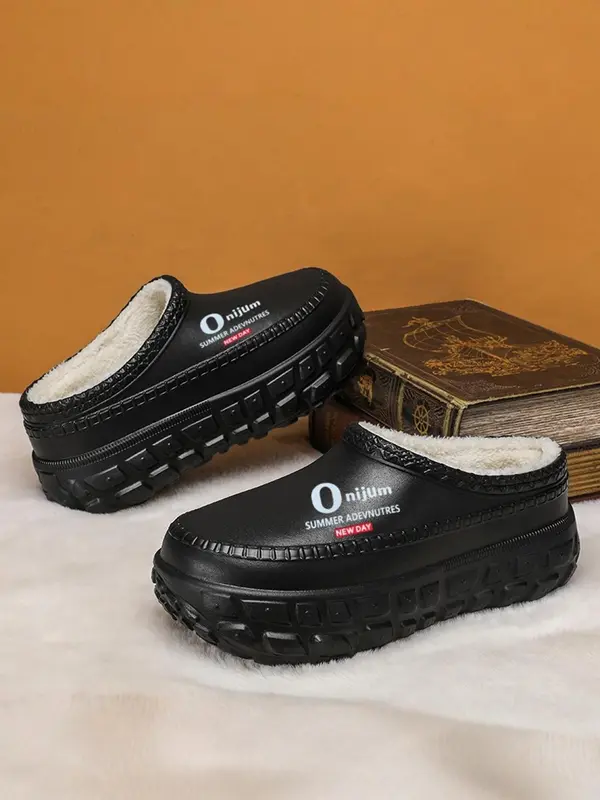 Men's Letter Pattern Plush WarmSlippers,Casual Comfortable Home Slippers,Non-slip Thick Sole Slippers for Indoor & OutdoorWear