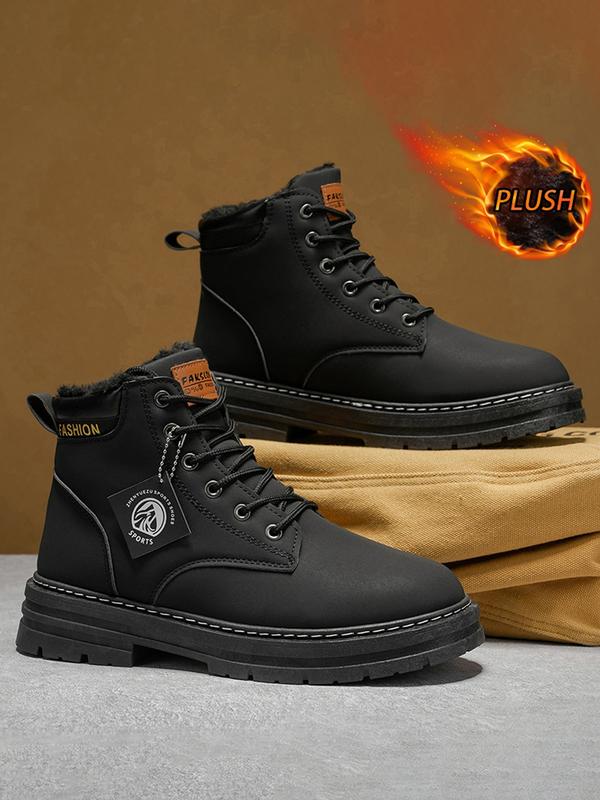 Men's Plain Color British Style Mid-Calf Boots, Fleece Lined Warm, Fashionable Outdoor & Daily Wear, Sporty PU Material, Fall&winter