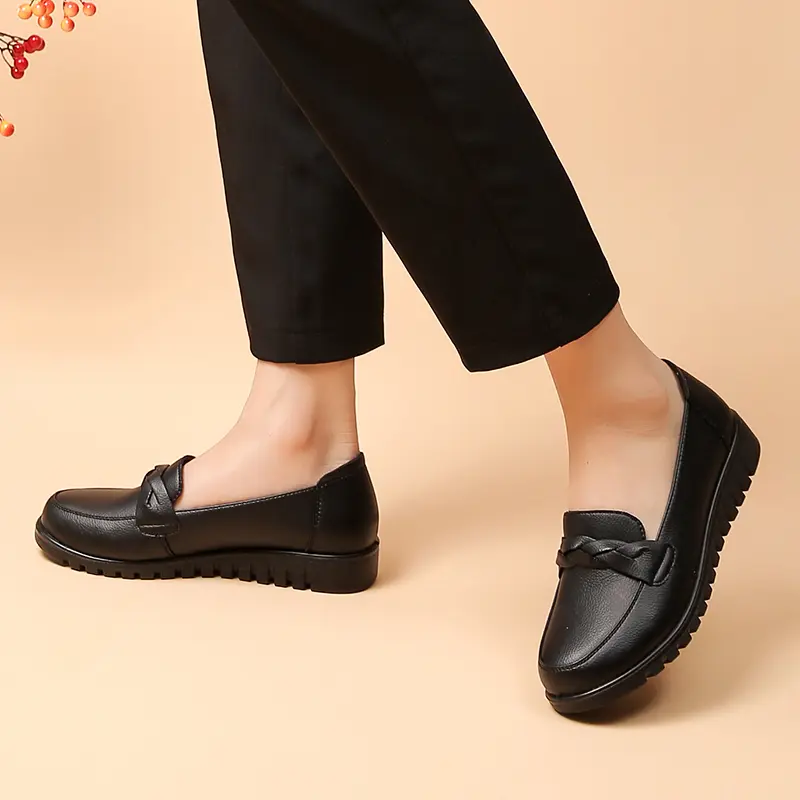 Women's Black Slip-On Work Flats with Braided Detail Non-Slip Comfort Sole Soft Cushioned Insole 